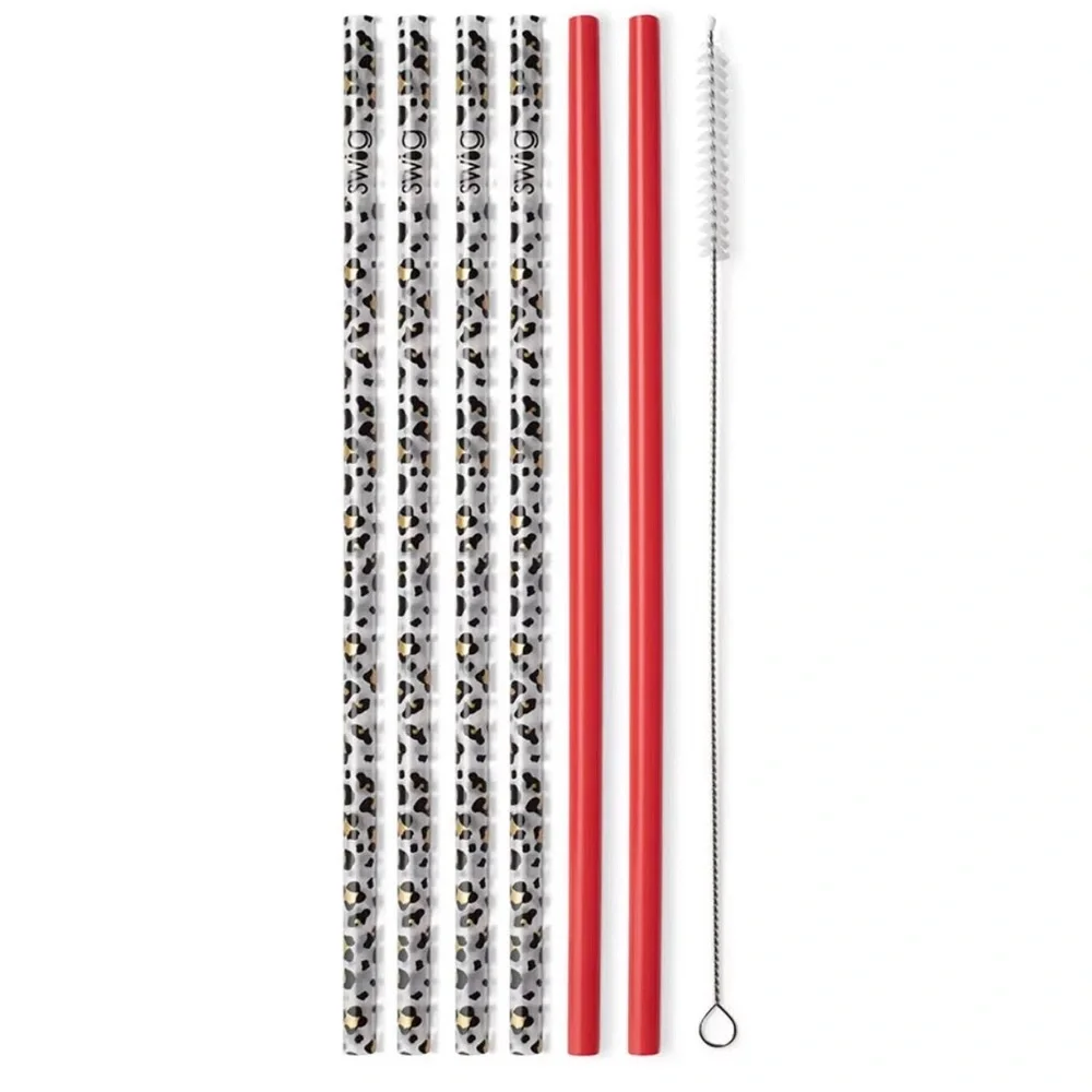 Swig Life NWT Reusable Gold Leopard + Red Tall Straw Set